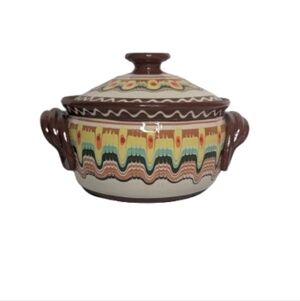 Vintage Bulgarian Folk Pottery Lidded Casserole Dish Boho Rustic
